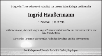 Traueranzeige von Ingrid Häußermann von Schwäbische Post