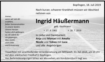 Traueranzeige von Ingrid Häußermann von Schwäbische Post