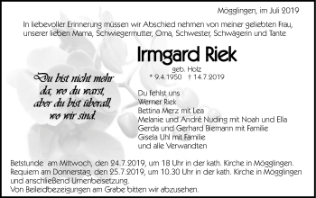 Traueranzeige von Irmgard Riek von Gmünder Tagespost