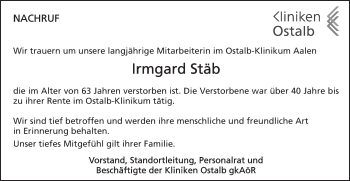 Traueranzeige von Irmgard Stäb von Schwäbische Post