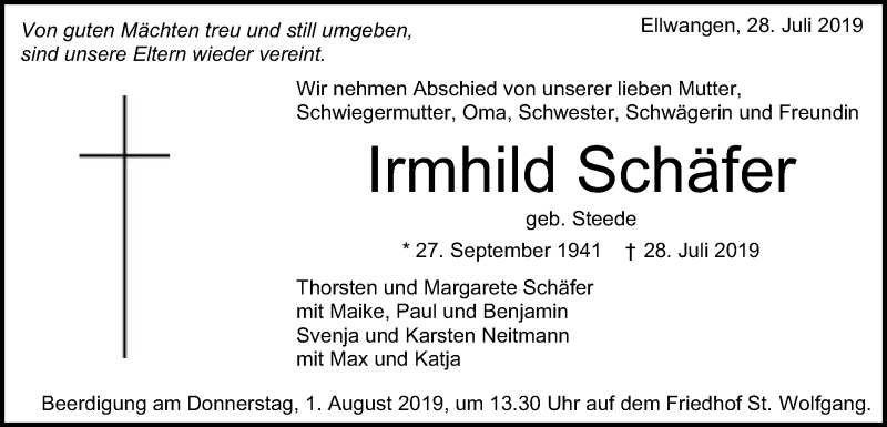  Traueranzeige für Irmhild Schäfer vom 30.07.2019 aus Schwäbische Post