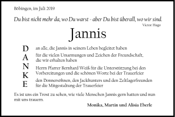 Traueranzeige von Jannis  von Gmünder Tagespost