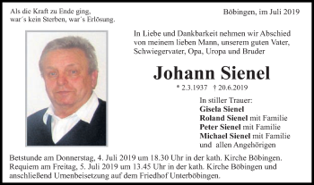 Traueranzeige von Johann Sienel von Gmünder Tagespost