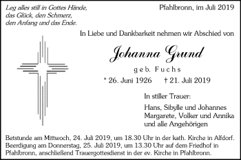 Traueranzeige von Johanna Grund von Gmünder Tagespost