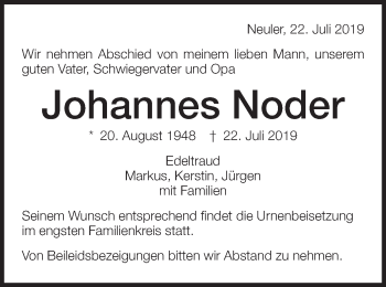 Traueranzeige von Johannes Noder