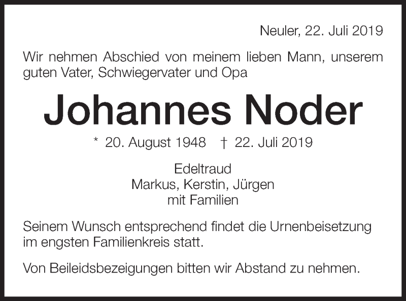  Traueranzeige für Johannes Noder vom 24.07.2019 aus Schwäbische Post