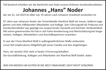 Traueranzeige von Johannes Noder von Schwäbische Post