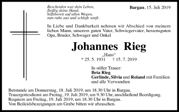 Traueranzeige von Johannes Rieg von Gmünder Tagespost