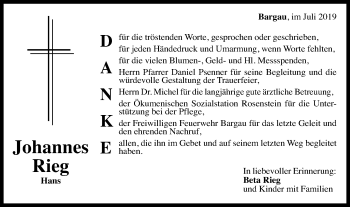 Traueranzeige von Johannes Rieg von Gmünder Tagespost