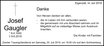 Traueranzeige von Josef Gaugler von Schwäbische Post