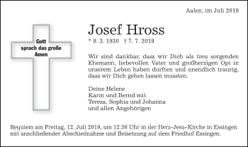 Traueranzeige von Josef Hross von Schwäbische Post