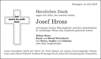 Traueranzeige von Josef Hross von Schwäbische Post