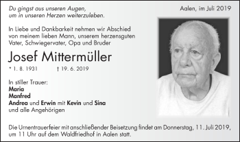Traueranzeige von Josef Mittermüller von Schwäbische Post
