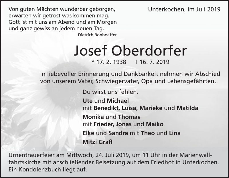 Traueranzeige für Josef Oberdorfer vom 20.07.2019 aus Schwäbische Post