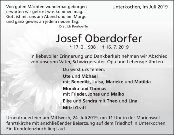 Traueranzeige von Josef Oberdorfer von Schwäbische Post