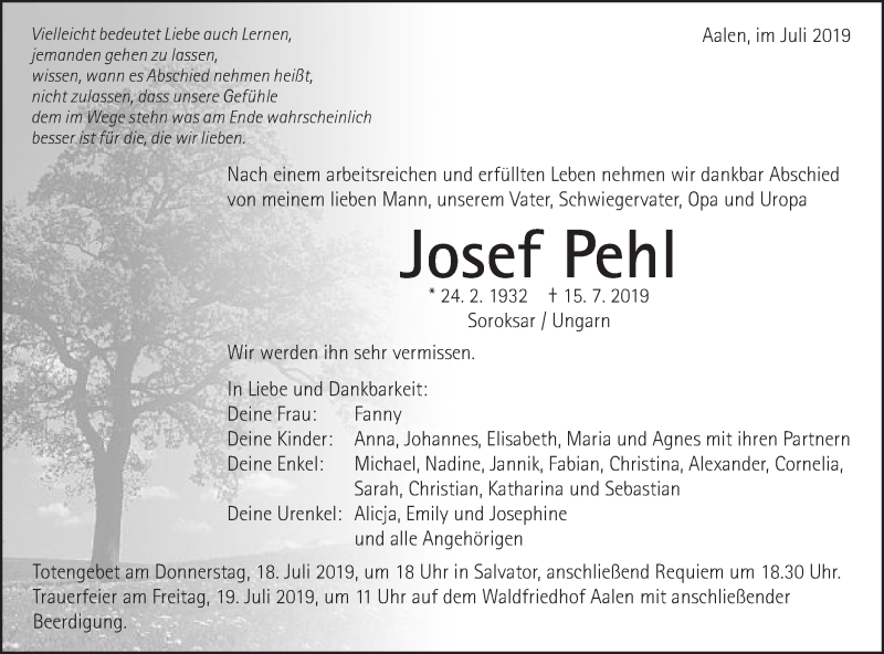  Traueranzeige für Josef Pehl vom 17.07.2019 aus Schwäbische Post