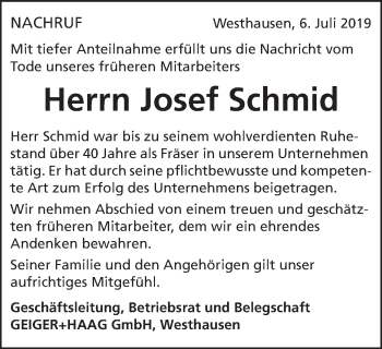 Traueranzeige von Josef Schmid von Schwäbische Post