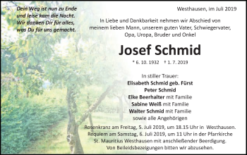 Traueranzeige von Josef Schmid von Schwäbische Post