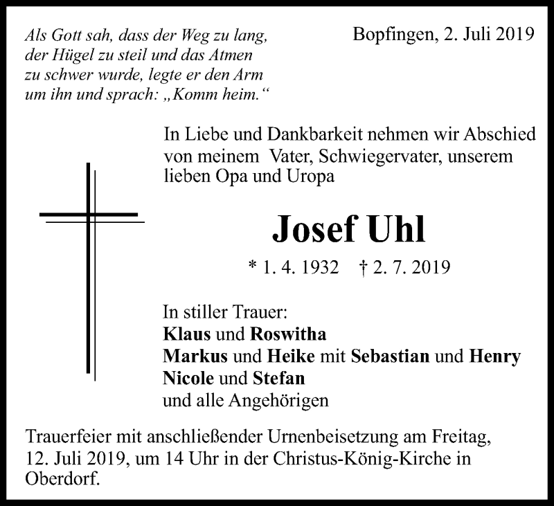  Traueranzeige für Josef Uhl vom 09.07.2019 aus Schwäbische Post