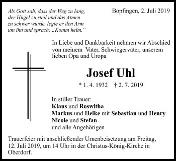 Traueranzeige von Josef Uhl von Schwäbische Post
