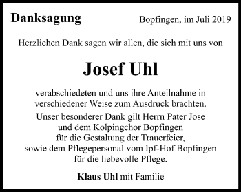Traueranzeige von Josef Uhl von Schwäbische Post