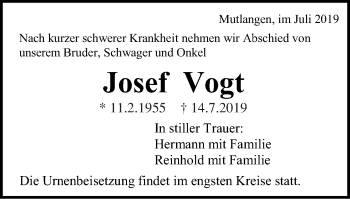Traueranzeige von Josef Vogt von Gmünder Tagespost