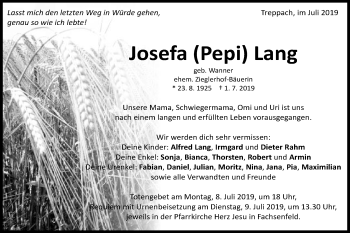 Traueranzeige von Josefa Lang von Schwäbische Post