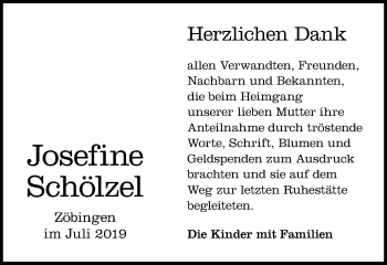 Traueranzeige von Josefine Schölzel von Schwäbische Post