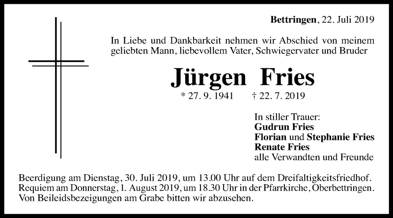  Traueranzeige für Jürgen Fries vom 27.07.2019 aus Gmünder Tagespost