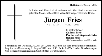 Traueranzeige von Jürgen Fries