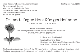 Traueranzeige von Jürgen Hans Rüdiger Hofmann von Schwäbische Post