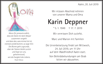 Traueranzeige von Karin Deppner von Schwäbische Post
