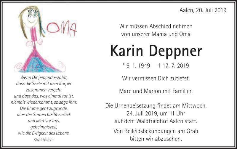  Traueranzeige für Karin Deppner vom 20.07.2019 aus Schwäbische Post