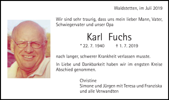 Traueranzeige von Karl Fuchs von Gmünder Tagespost