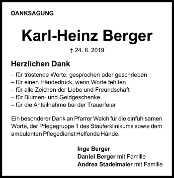 Traueranzeige von Karl-Heinz Berger von Gmünder Tagespost