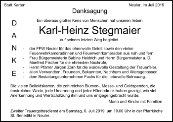 Traueranzeige von Karl-Heinz Stegmaier von Schwäbische Post