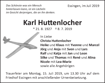 Traueranzeige von Karl Huttenlocher von Schwäbische Post
