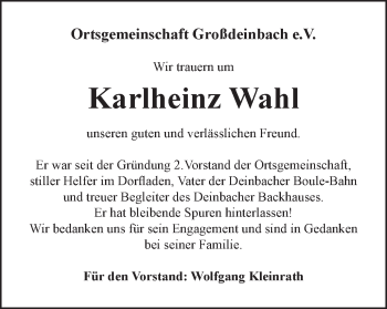 Traueranzeige von Karlheinz Wahl von Gmünder Tagespost