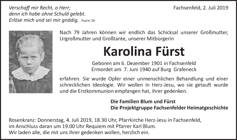  Traueranzeige für Karolina Fürst vom 02.07.2019 aus Schwäbische Post