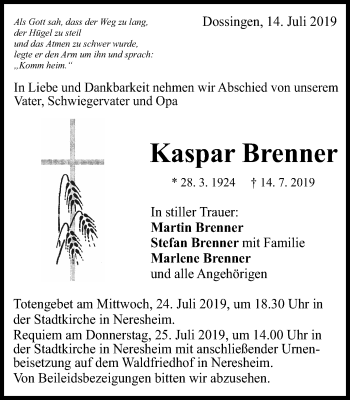 Traueranzeige von Kaspar Brenner von Schwäbische Post