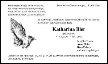 Traueranzeige von Katharina Iller von Gmünder Tagespost