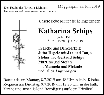 Traueranzeige von Katharina Schips von Gmünder Tagespost