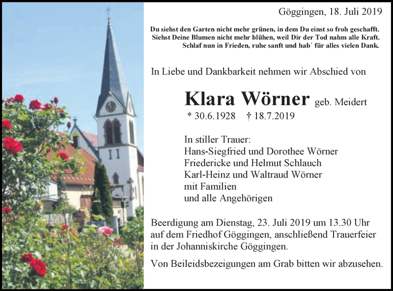  Traueranzeige für Klara Wörner vom 20.07.2019 aus Gmünder Tagespost