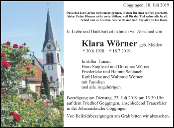 Traueranzeige von Klara Wörner von Gmünder Tagespost