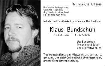 Traueranzeige von Klaus Bundschuh von Gmünder Tagespost