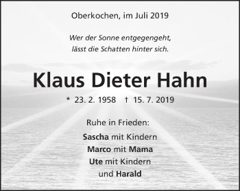 Traueranzeige von Klaus Dieter Hahn von Schwäbische Post