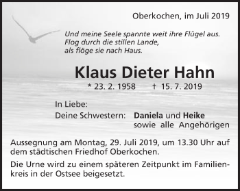 Traueranzeige von Klaus Dieter Hahn von Schwäbische Post