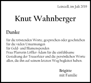 Traueranzeige von Knut Wahnberger von Gmünder Tagespost