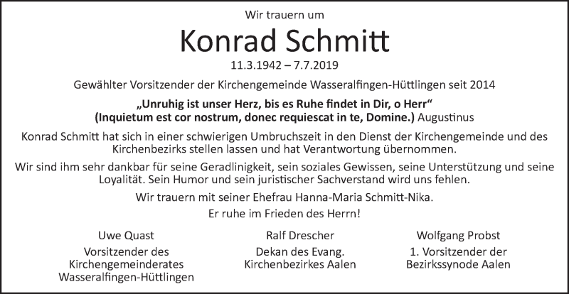  Traueranzeige für Konrad Schmitt vom 13.07.2019 aus Schwäbische Post