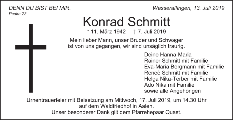  Traueranzeige für Konrad Schmitt vom 13.07.2019 aus Schwäbische Post